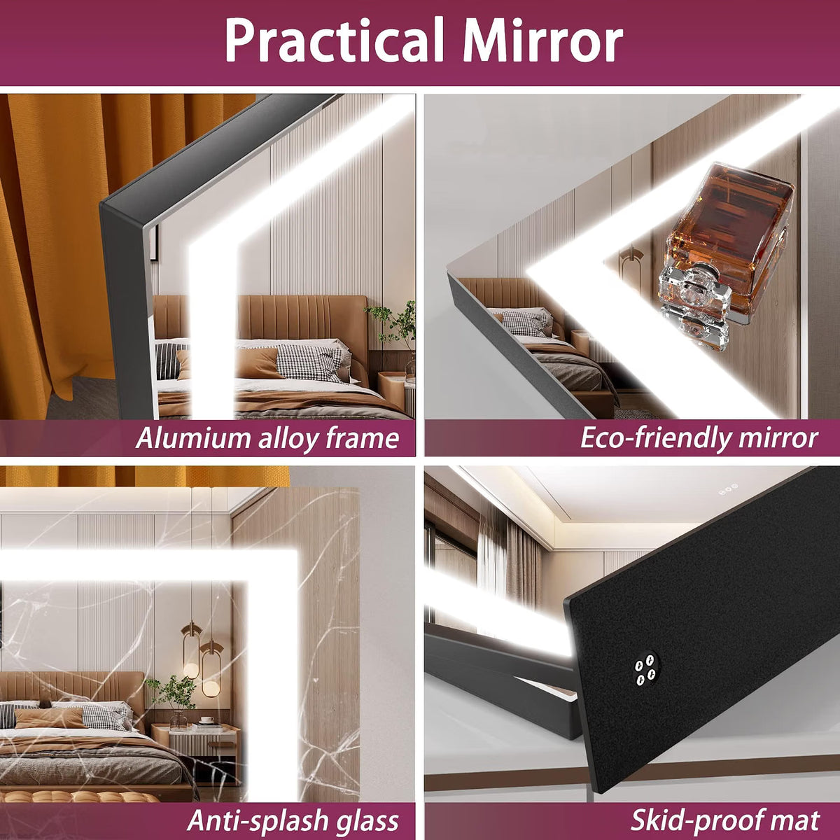Vanity Mirror 58x48cm LED Lights 10X Magnification 3 Colour Dimmable Hasipu Black