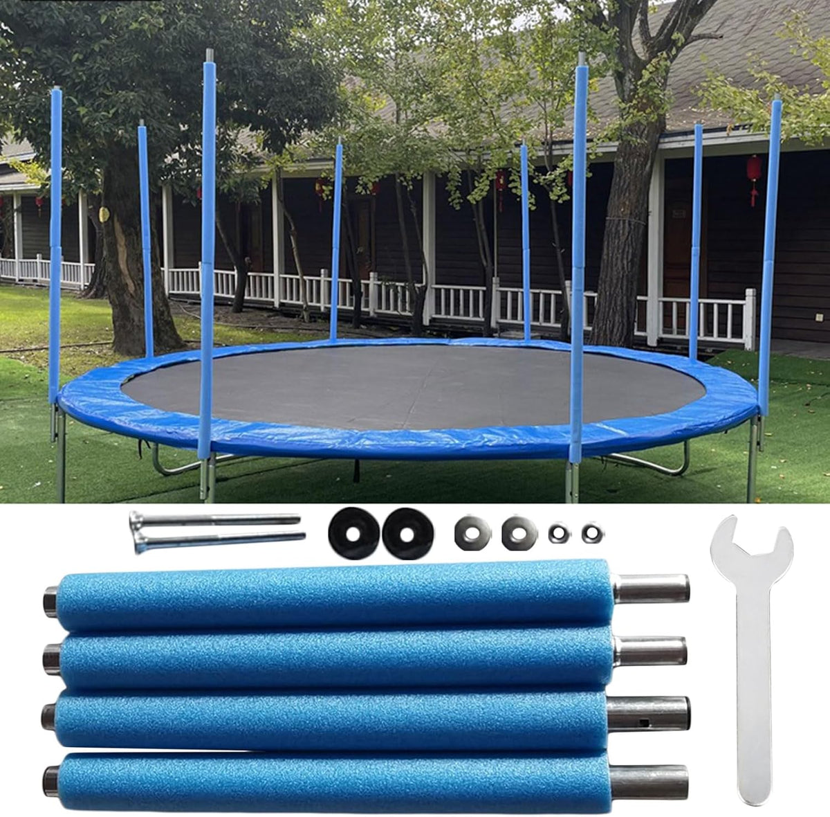 Trampoline Replacement Poles 1.96m Foam Padded Straight Tubes Screw Set Wrench