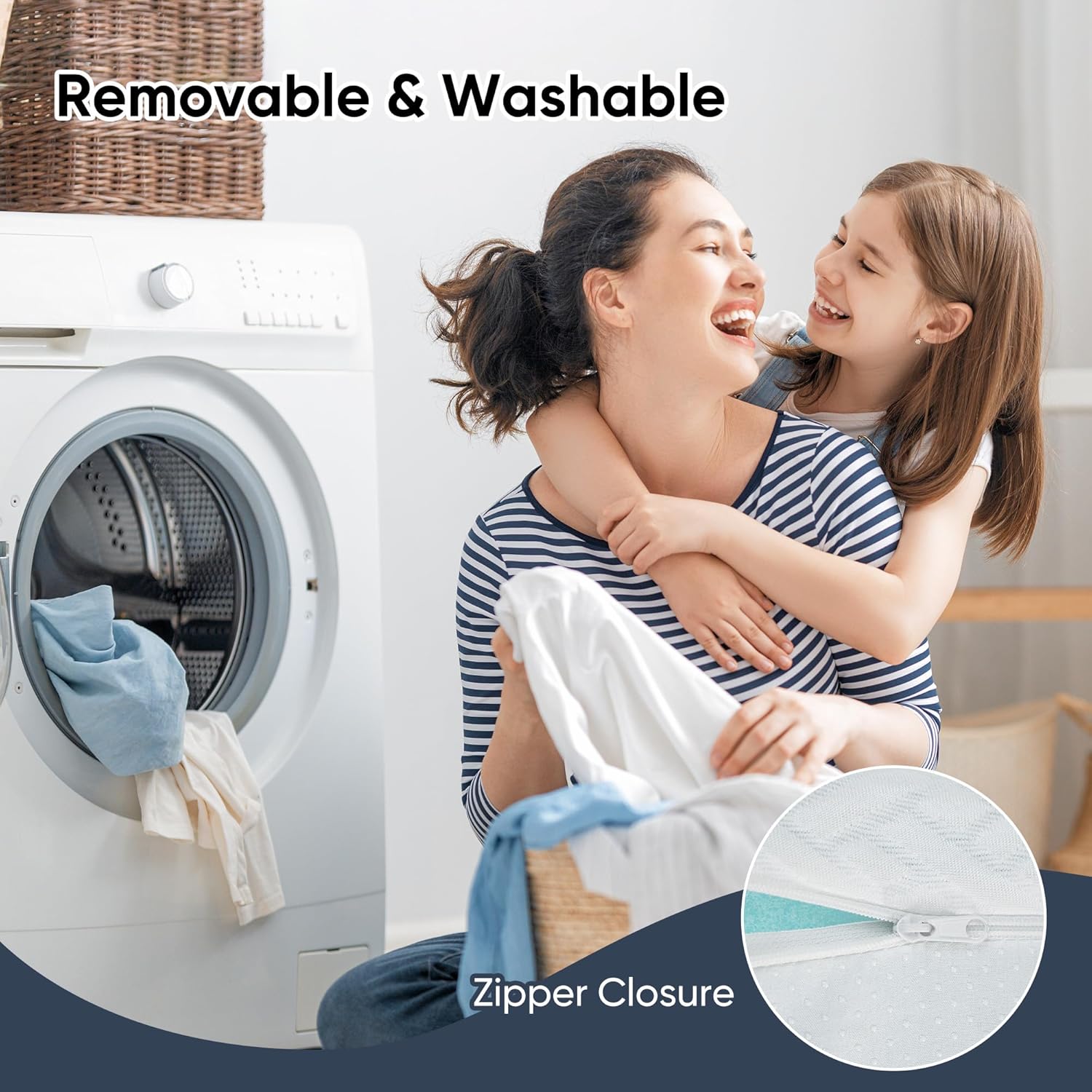 Woman and child hugging with washing machine and close-up of zipper, text 'Removable & Washable' and 'Zipper Closure'.