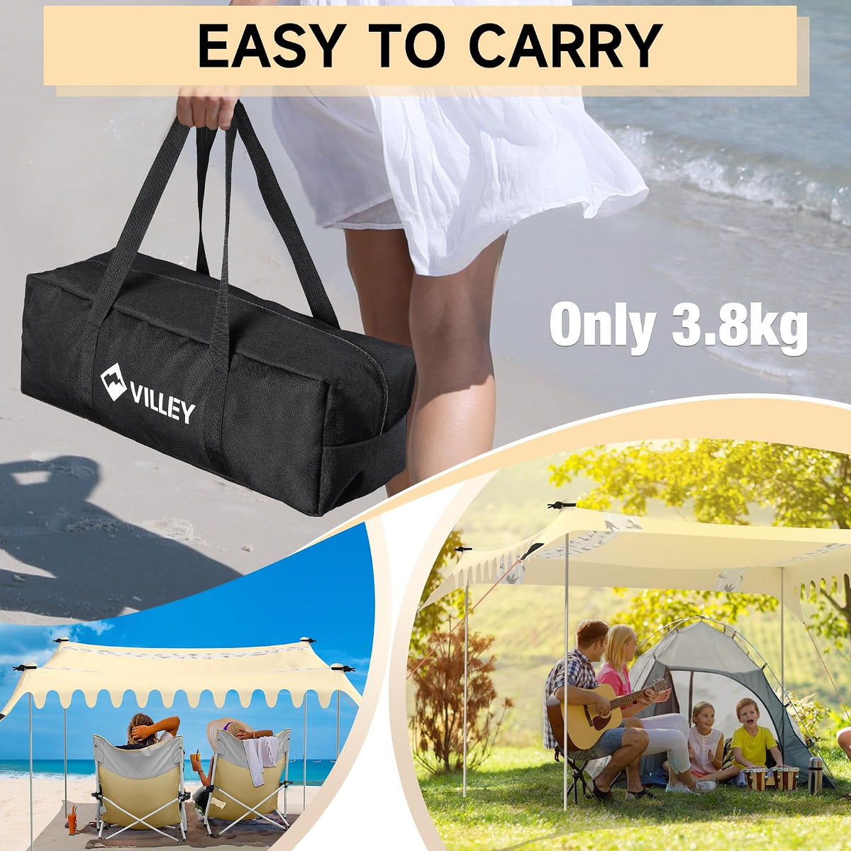 Beach Tent 3x3.3m UPF50+ UV Sun Shade Large Outdoor Shelter VILLEY Camping Canopy