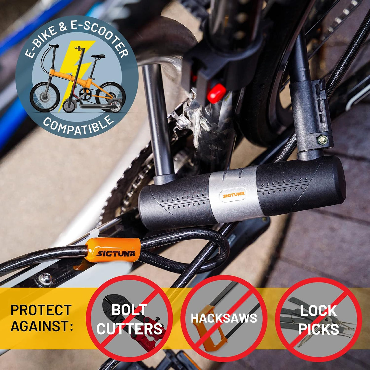 Bike U Lock 16mm Heavy Duty 1.2m Steel Cable 3 Keys Orange SIGTUNA Bicycle Lock