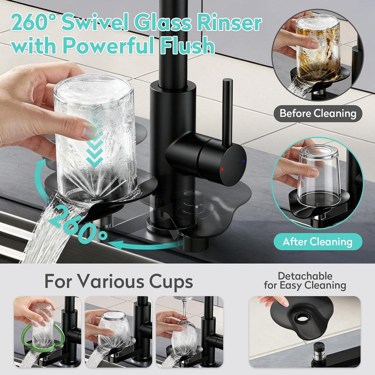 Kitchen Mixer Tap Pull Out Spray 1 Hole Stainless Steel Glass Washer KAIYING