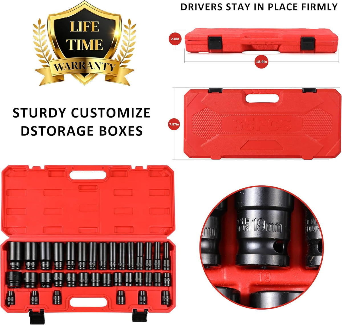 Impact Socket Set 35PCS 1/2 Inch Drive Deep Sockets Workshop Mechanic Tool Kit