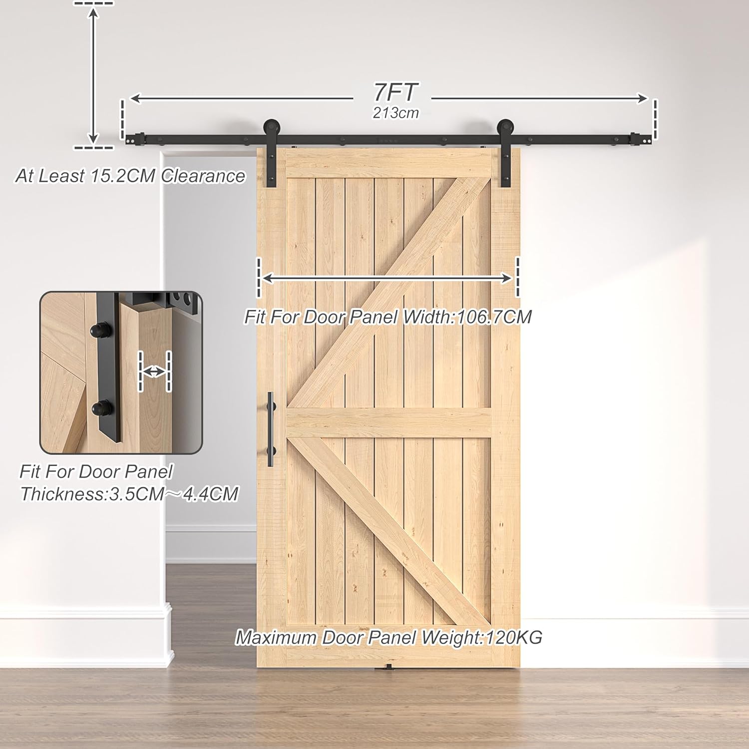 Wooden sliding barn door with measurement details on a white background
