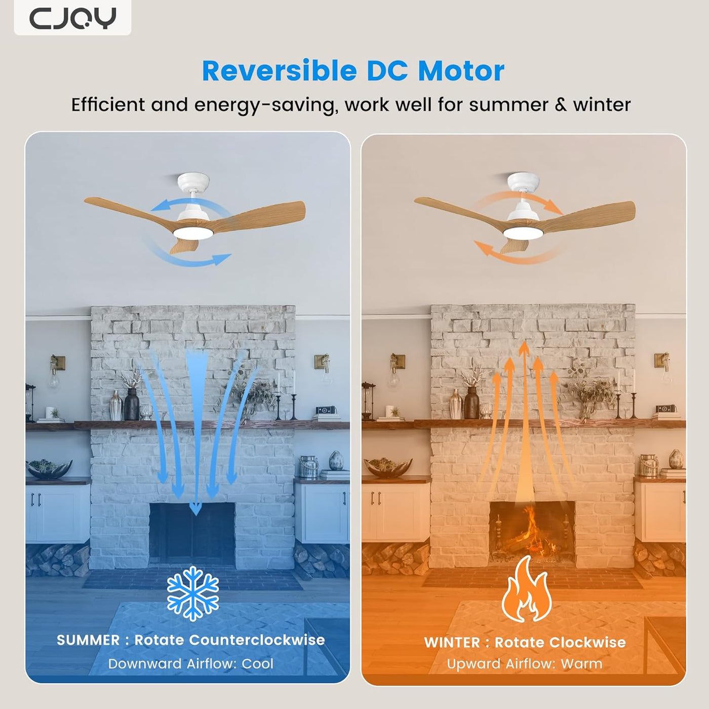 Ceiling fan with reversible DC motor for summer and winter use, shown in a kitchen setting.