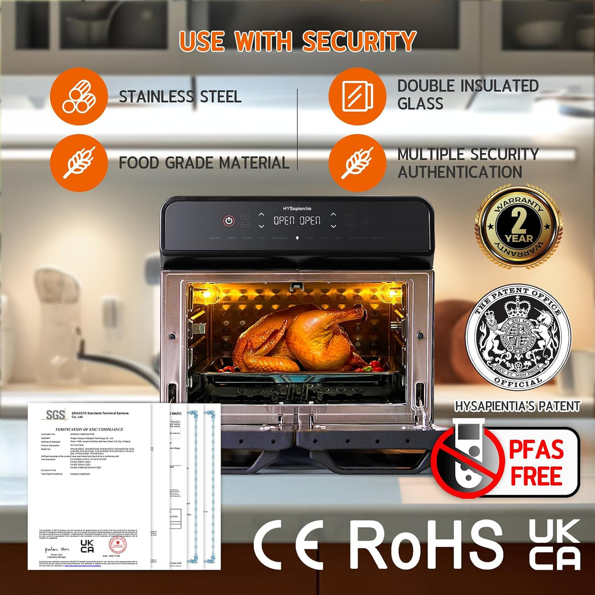 Dual Zone Air Fryer Oven 22L 2400W 10 in 1 Rotisserie Stainless HYSapientia