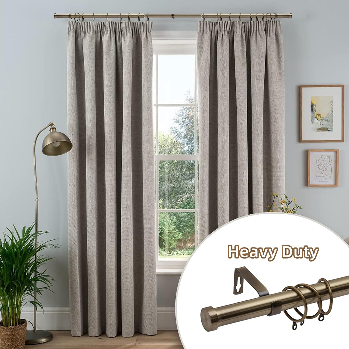 Extendable Curtain Pole 120-210cm 25mm Antique Brass Cap Finials Curtain Rod Set