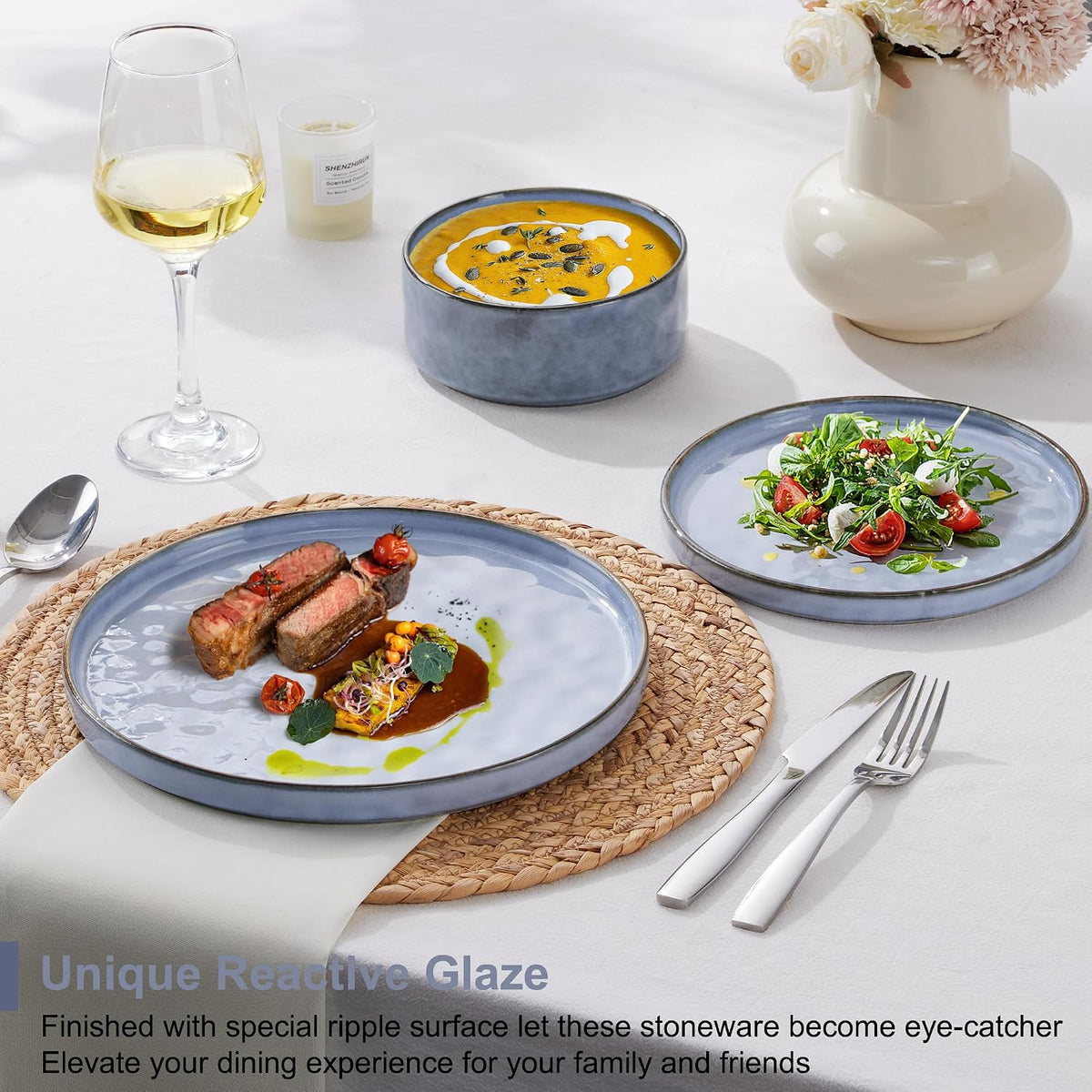 Stoneware Dinner Set 18 Piece Dinnerware Plates Bowls for 6 Gray Blue Herogo