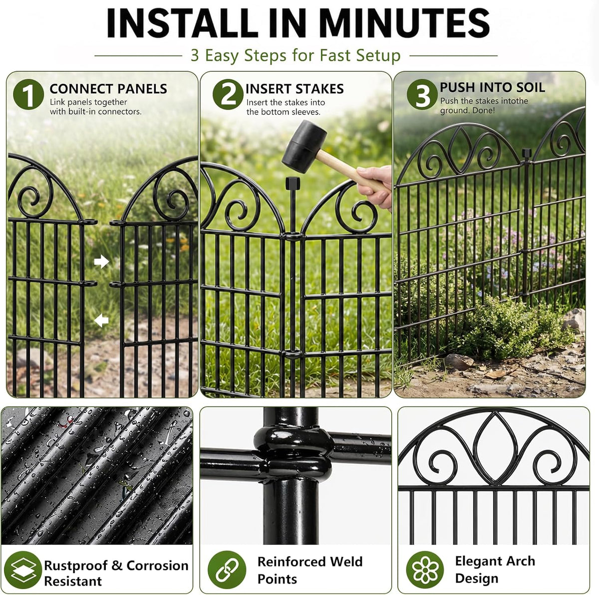 No Dig Garden Fence 112cm High 360cm Long 5 Panels Decorative Outdoor Border
