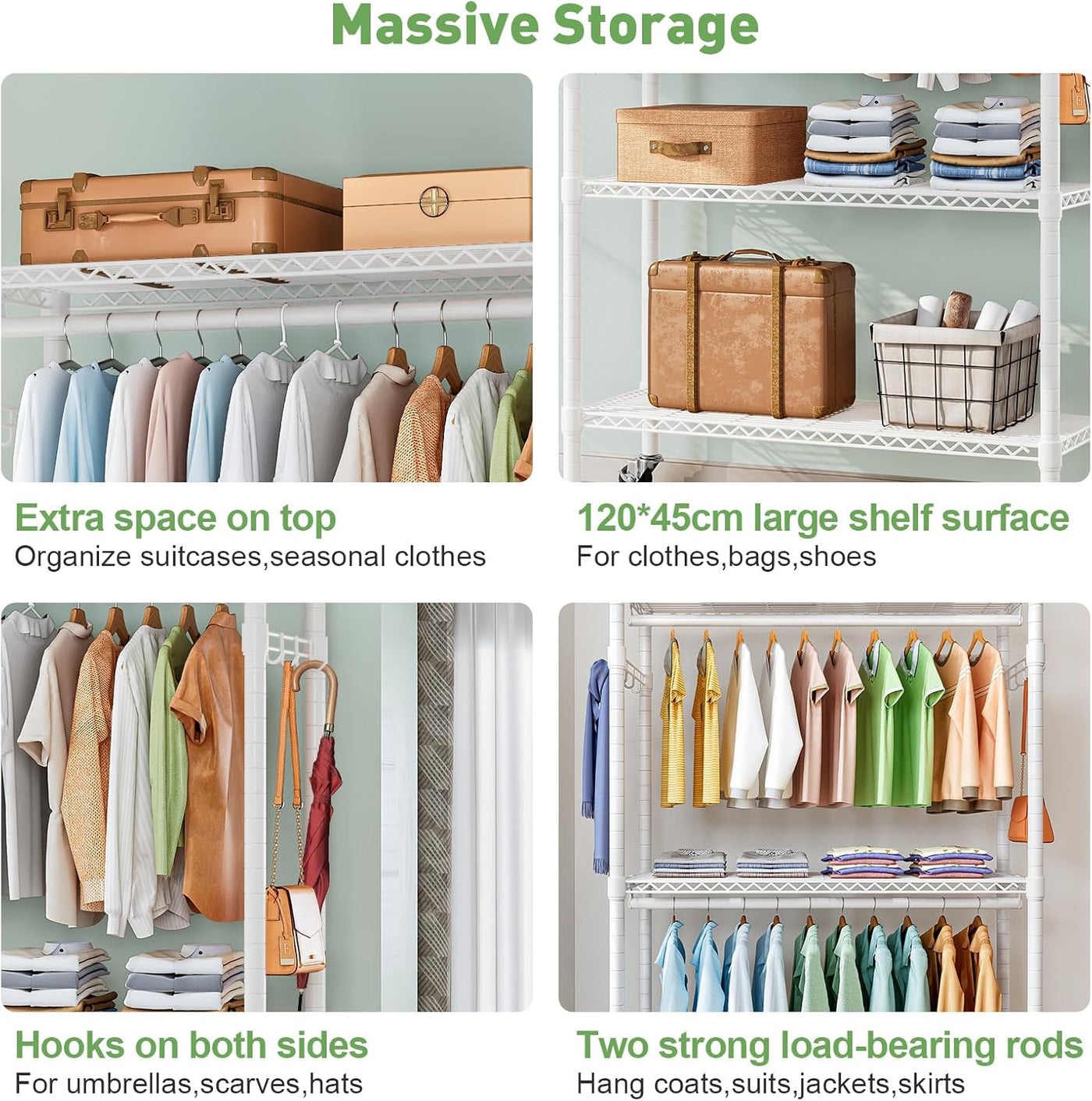 Closet organizer with shelves and hooks for storage solutions.