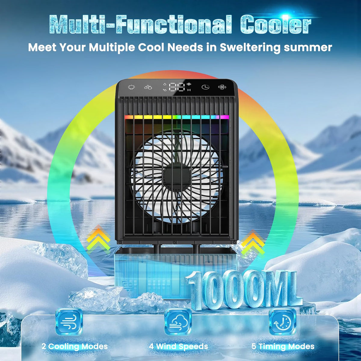 Portable Air Conditioner 4 in 1 1000ml Air Cooler Humidifier 4 Speed Mini AC Fan