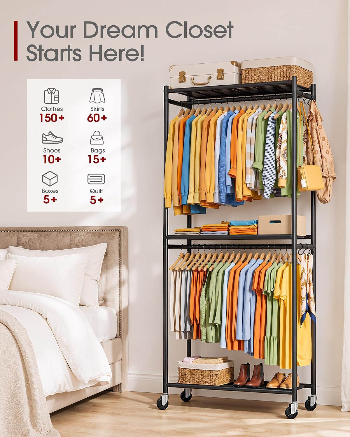Clothing Rack 202cm Metal Garment Rail Shelves Hooks Wheels Black Sakugi Storage