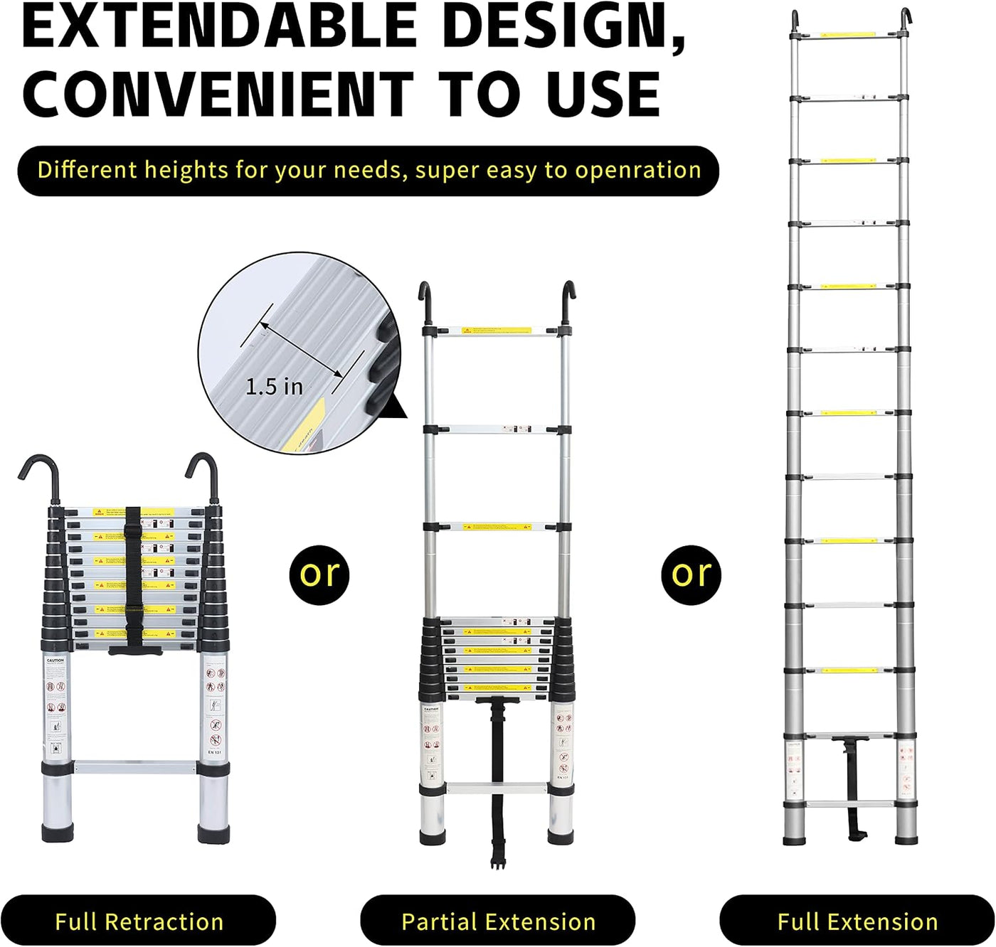 Telescopic Ladder 3.8M 12.5FT Aluminium Extendable 150kg Galvaran Portable