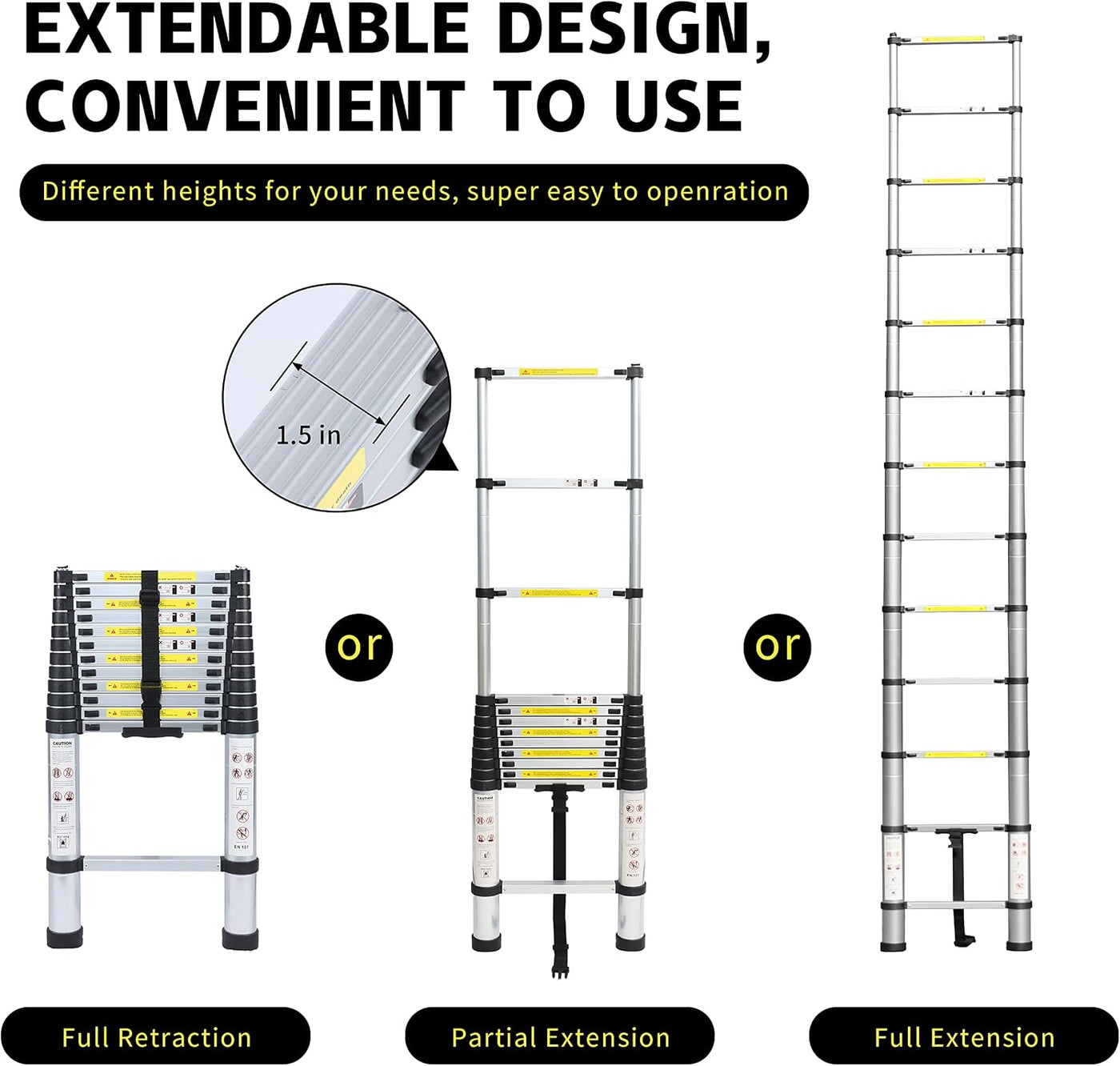 Telescopic Ladder 3.8M 12.5FT Aluminium Extendable 150kg Galvaran Portable