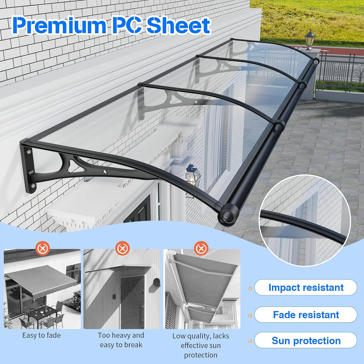 Door Canopy Awning 32 x 80 inch Polycarbonate Aluminium UV Rain Snow Protection
