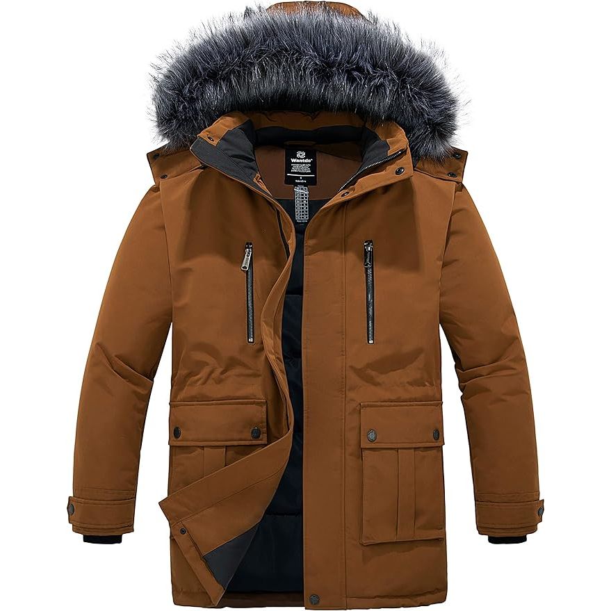 Brown winter coat with fur-lined hood on a white background