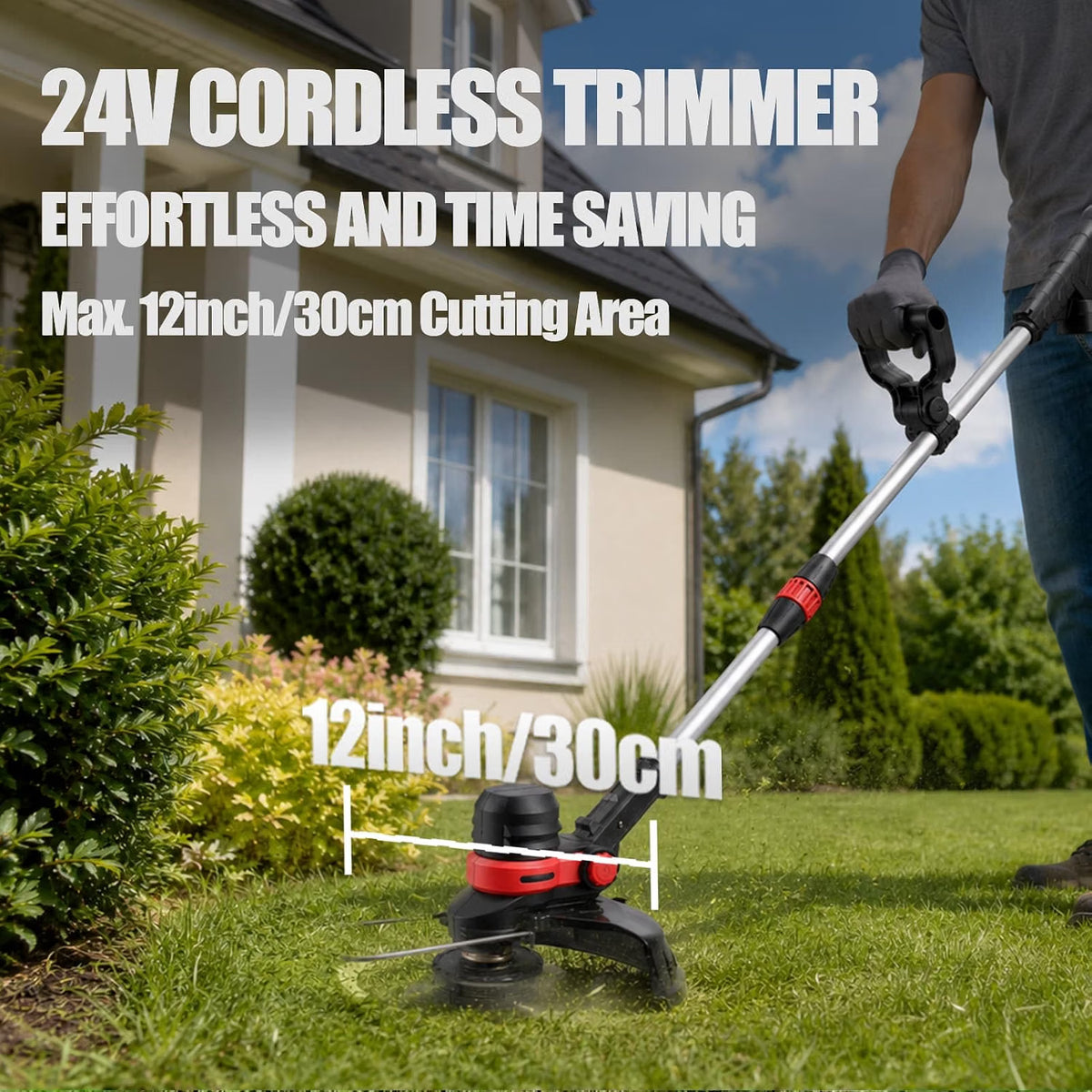Cordless Strimmer 24V Brushless 30cm 2x4.0Ah Batteries Wheels Metal Blades Garden