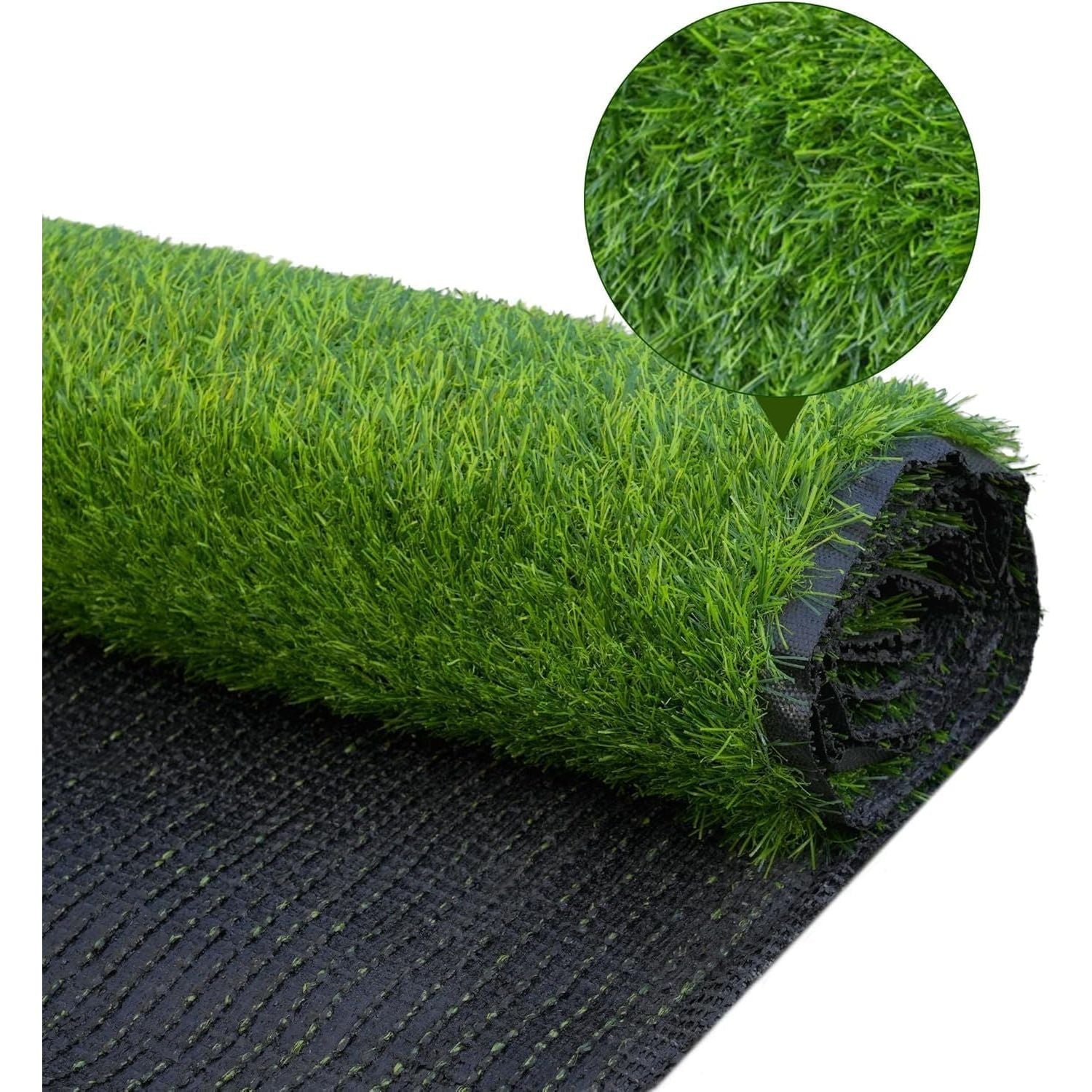 Roll of artificial grass with a close-up inset showing the texture.