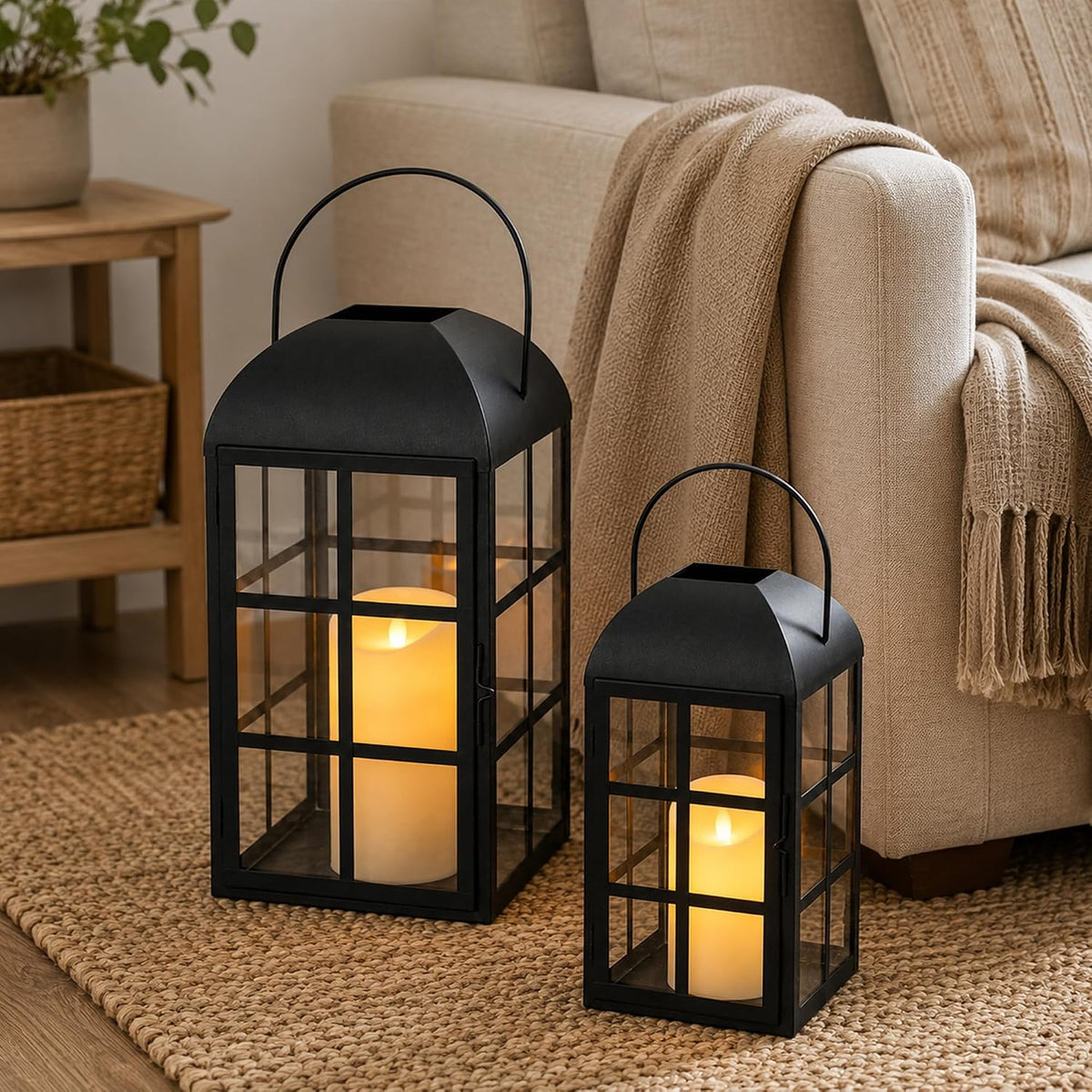 Candle Lanterns Set of 2 Black Vintage Metal Glass 35cm 27cm Outdoor TRIROCKS