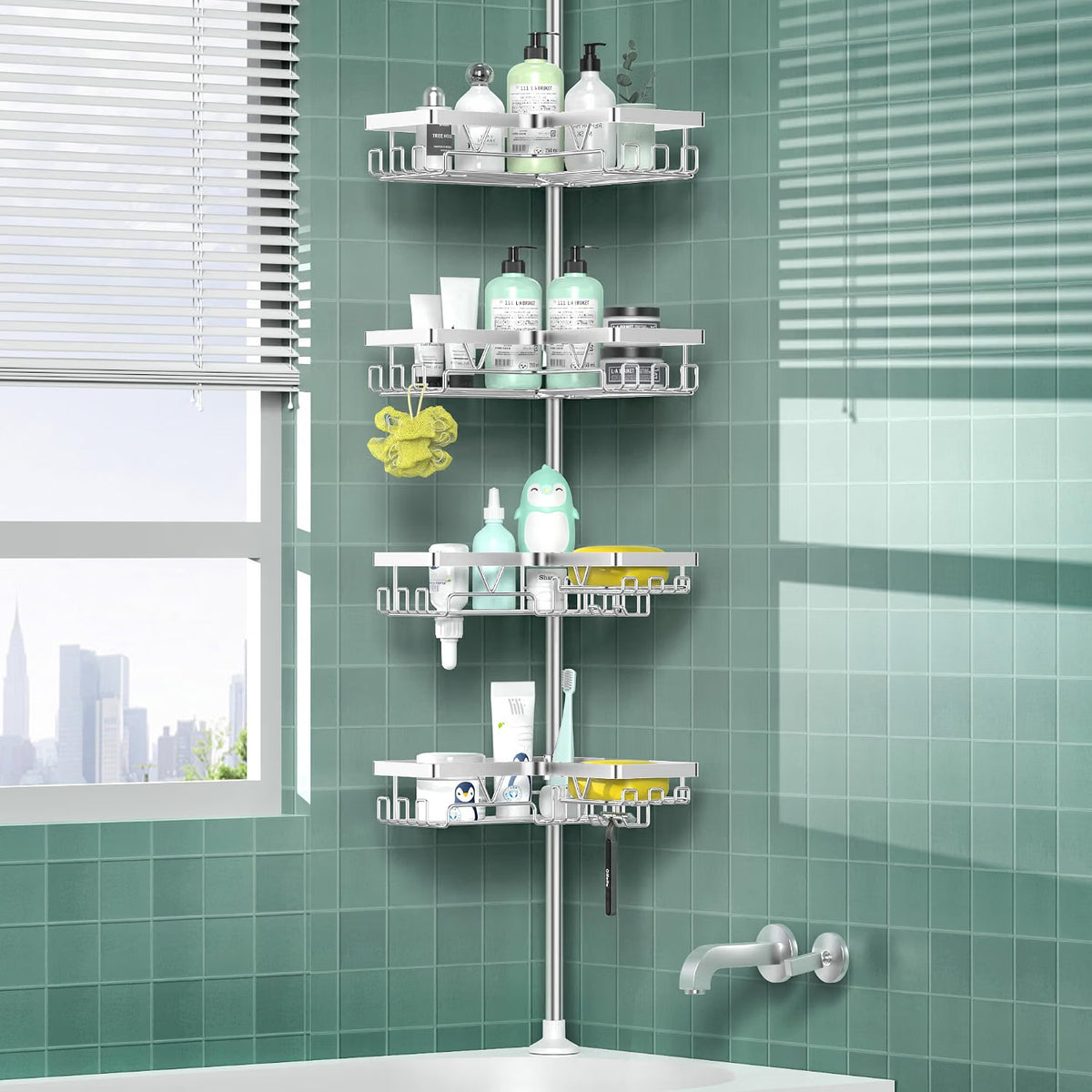 Corner Shower Caddy 25-114 Inch Telescopic 4 Basket No Drill Rustproof Silver Rack