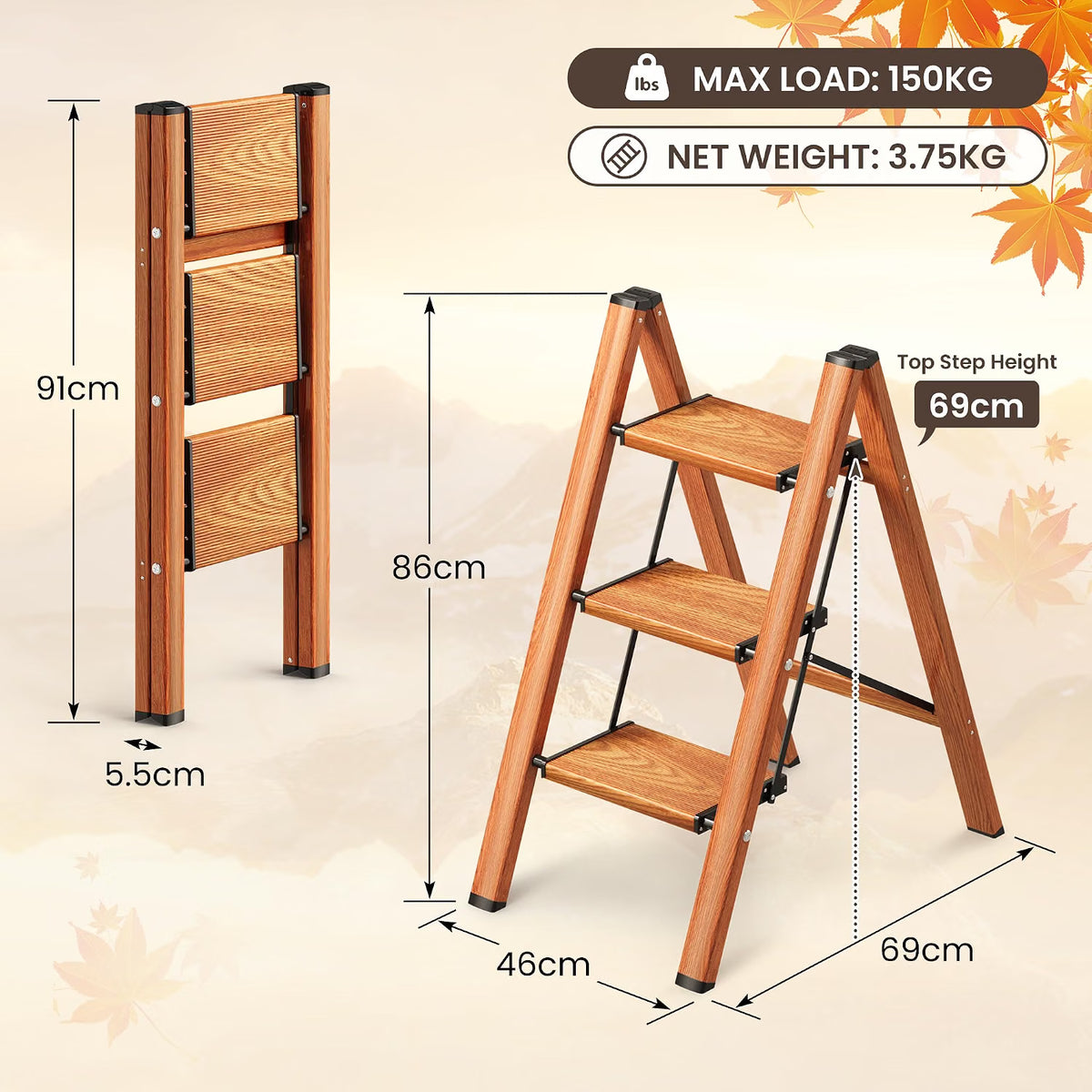 3 Step Ladder Foldable Step Stool Anti Slip Wide Pedal Home Kitchen Utility Steps