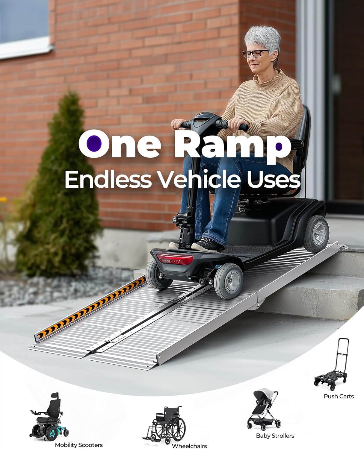 Person using a mobility scooter with a ramp in front of a house, promoting 'One Ramp' for various vehicle uses.