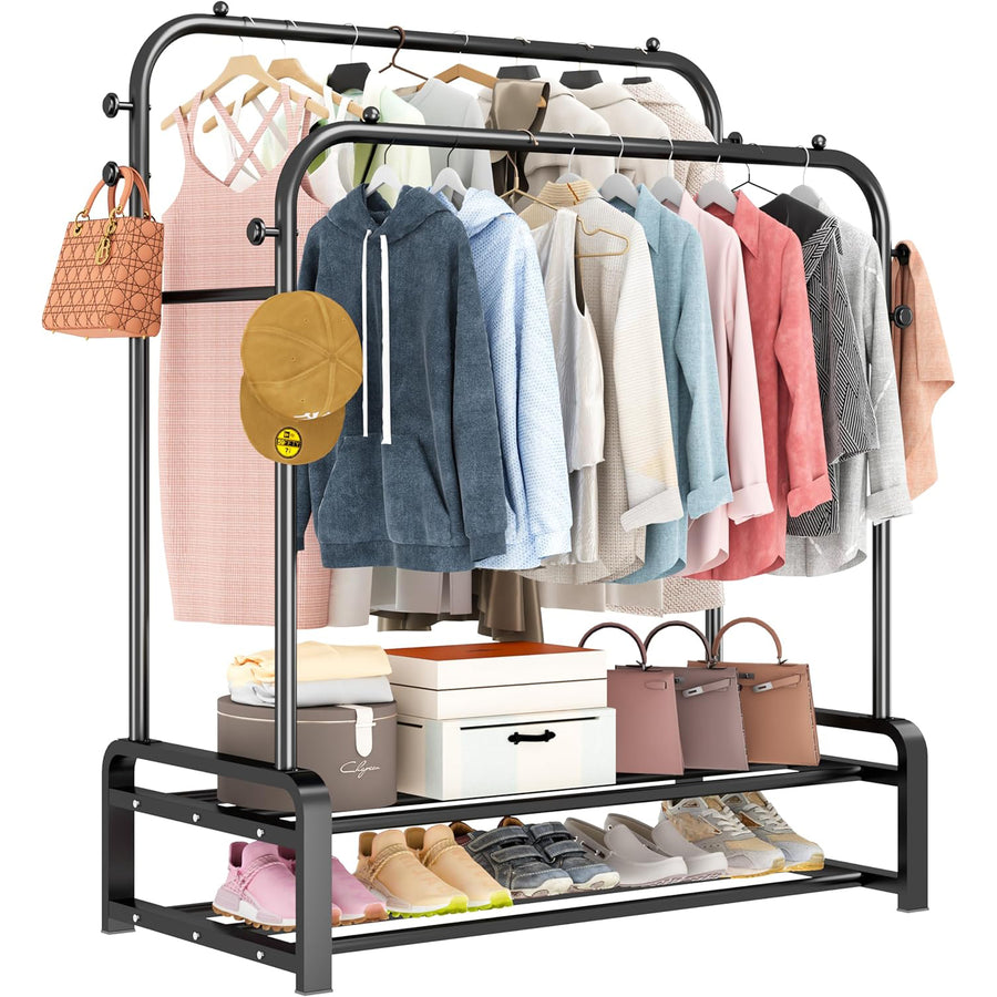 Durable SMILOVII metal clothes rack with double rails, 8 hooks, shoe rack, and sturdy frame. Easy assembly and versatile use for bedroom, boutiques, or balconies.