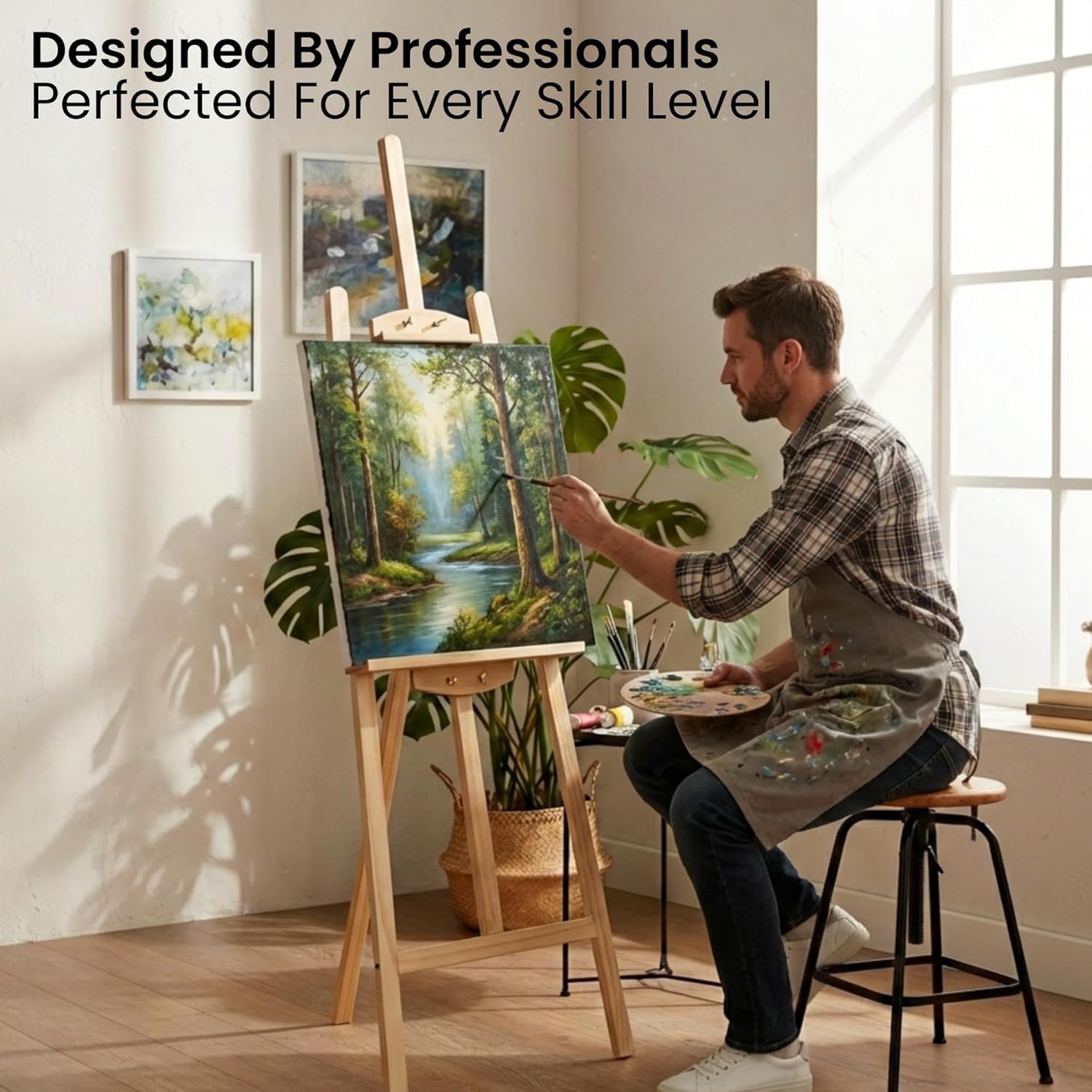 Man painting a landscape scene in a bright room with art supplies.