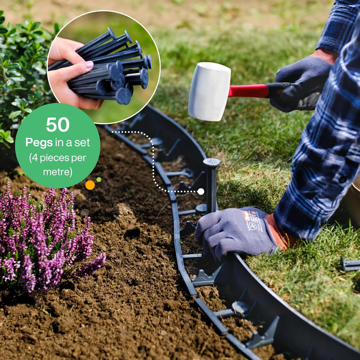 Flexible Lawn Edging 12m, Plastic Border with 50 Pegs, Weather Resistant