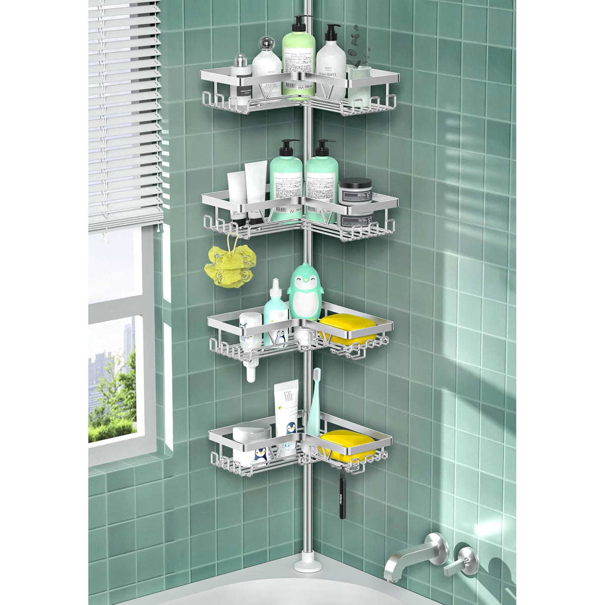 Corner Shower Caddy 25-114 Inch Telescopic 4 Basket No Drill Rustproof Silver Rack