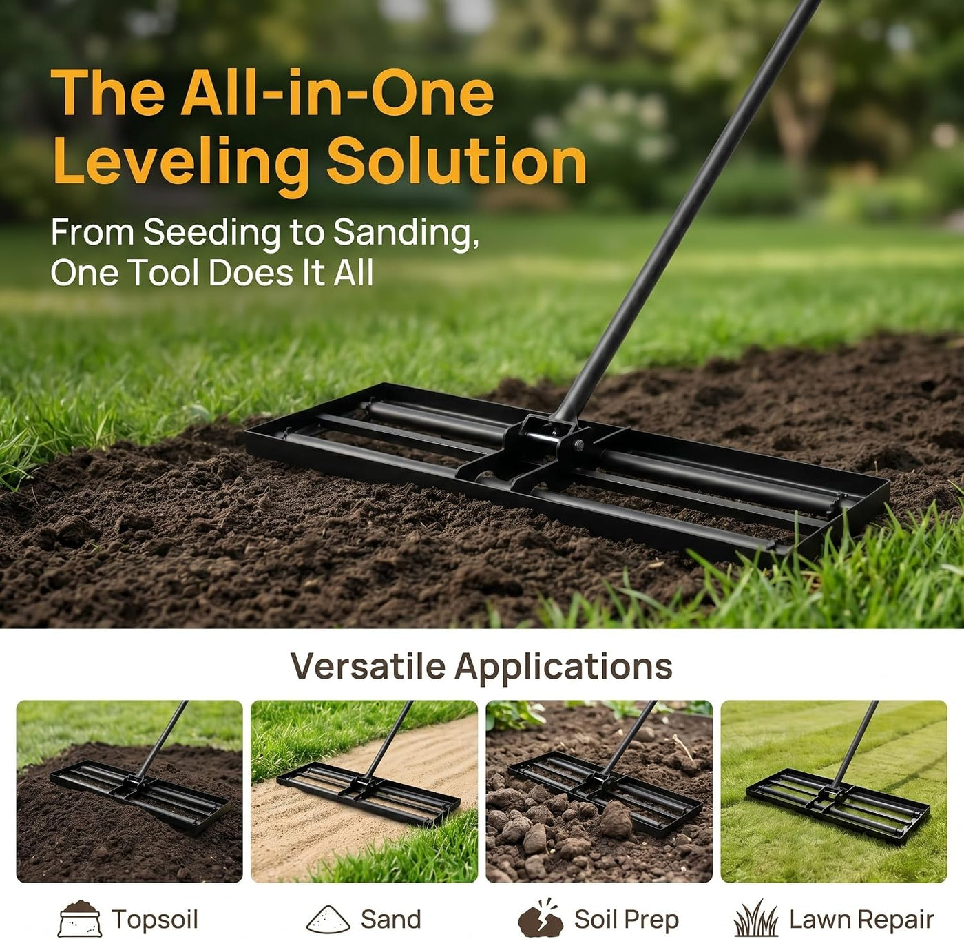 Lawn Levelling Rake 76x25cm Rolling Head 207cm Adjustable Handle A3 Steel Garden