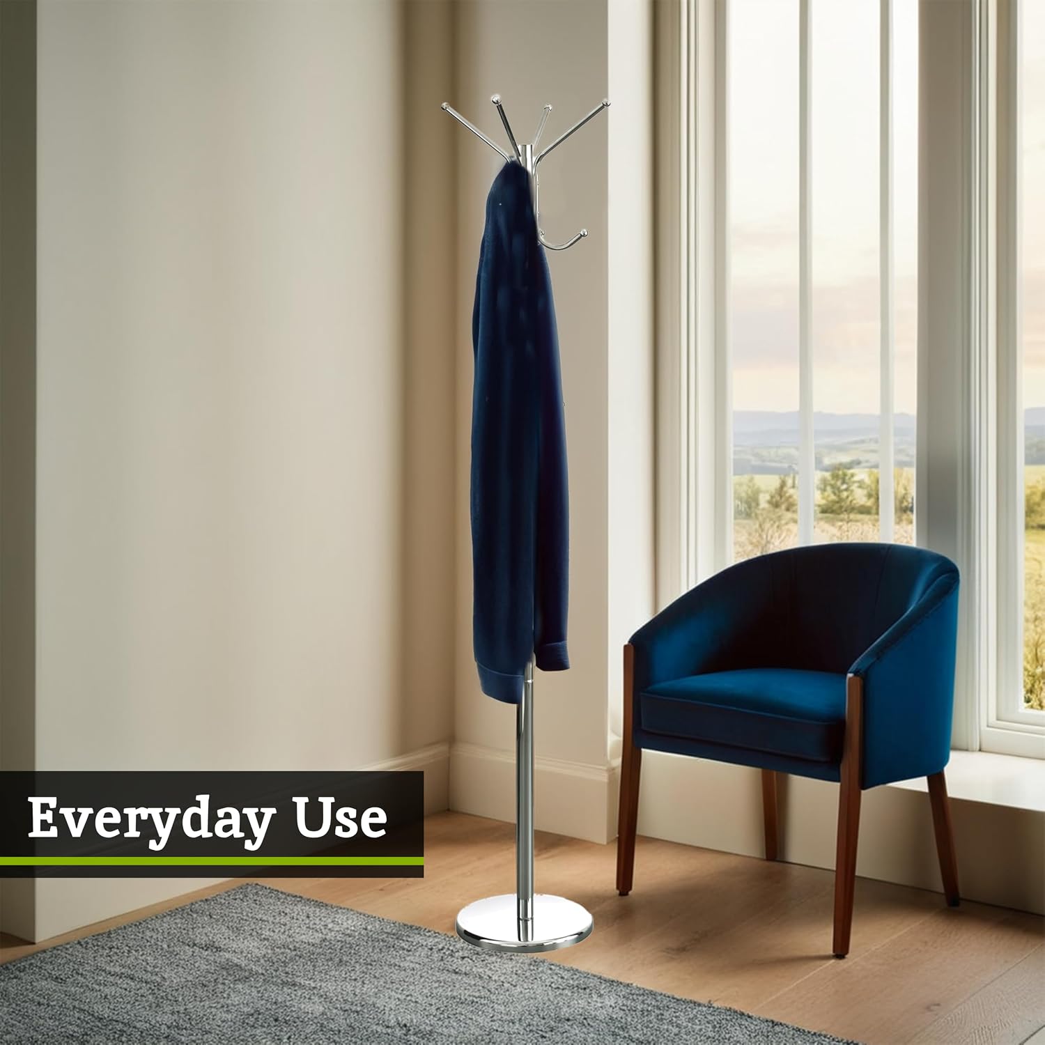 Floor Standing Coat Stand 12 Hooks Chrome Hallway Clothes Rack Premier Housewares