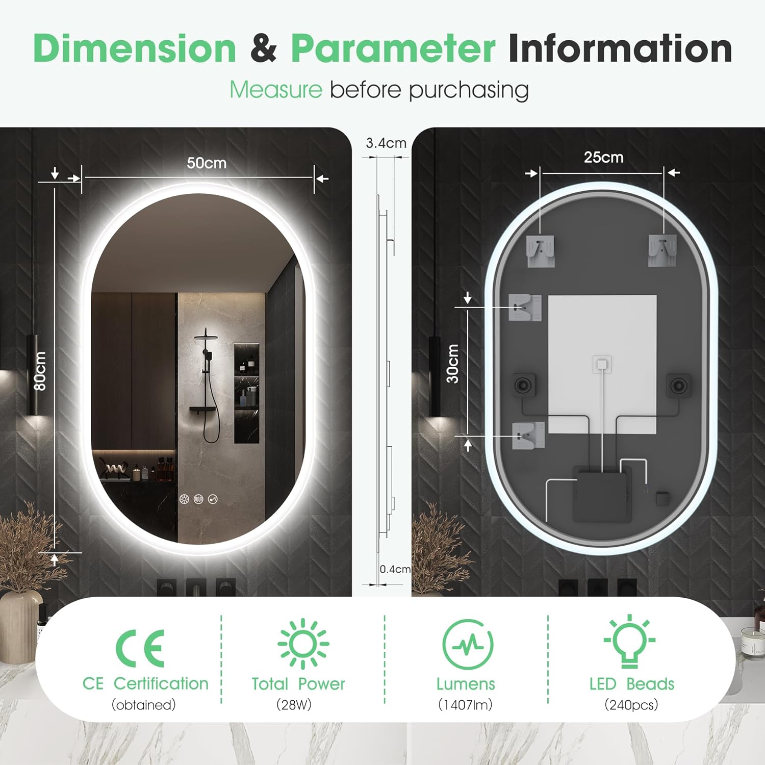 Oval LED Bathroom Mirror 500x800 Bluetooth Anti Fog Dimmable S'bagno