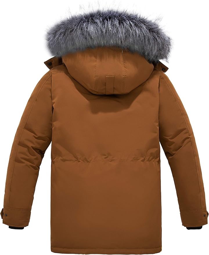 Brown winter coat with fur-lined hood on a white background