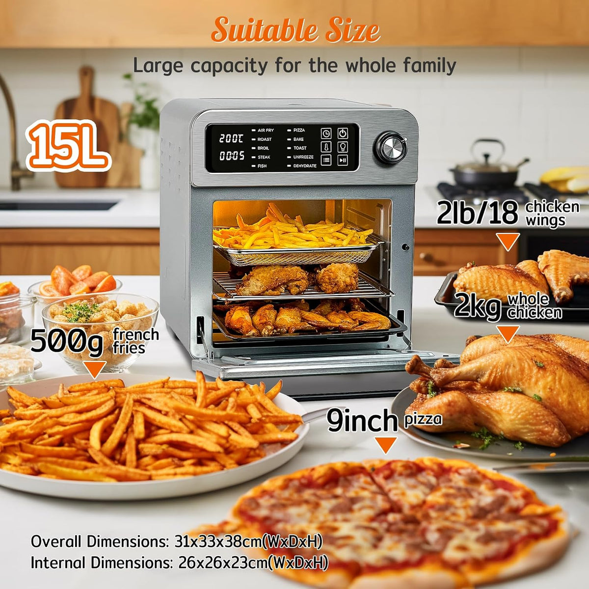 Air Fryer Oven 15L 1700W 10 in 1 Digital Toaster Convection Grill HYSapientia
