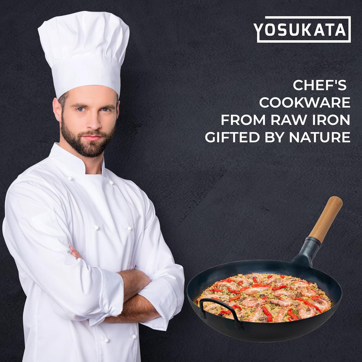 Carbon Steel Wok 34cm Pre Seasoned Flat Bottom Blue Stir Fry Pan YOSUKATA