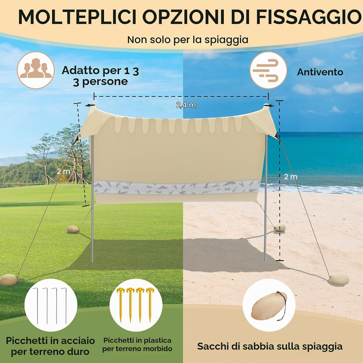 Beach Tent 2x2.4m UPF50+ Sun Shade Awning 3 Person Khaki VILLEY Camping Shelter