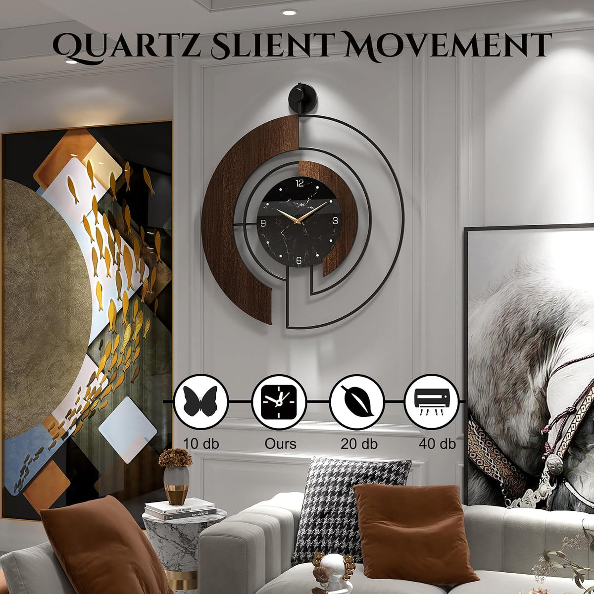Wall Clock 50cm Walnut Marble Dial Silent Non Ticking Wood Metal Frame Modern