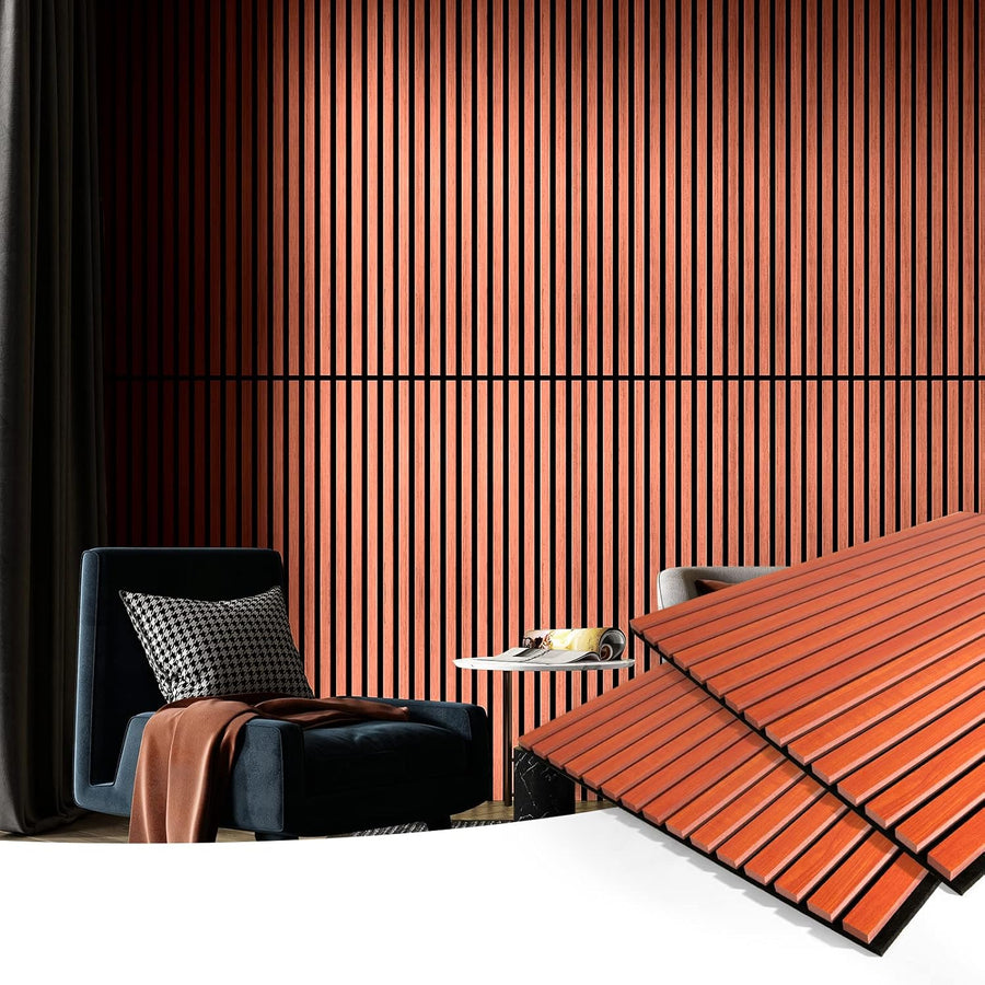 Modern interior design with wooden paneling and a chair.