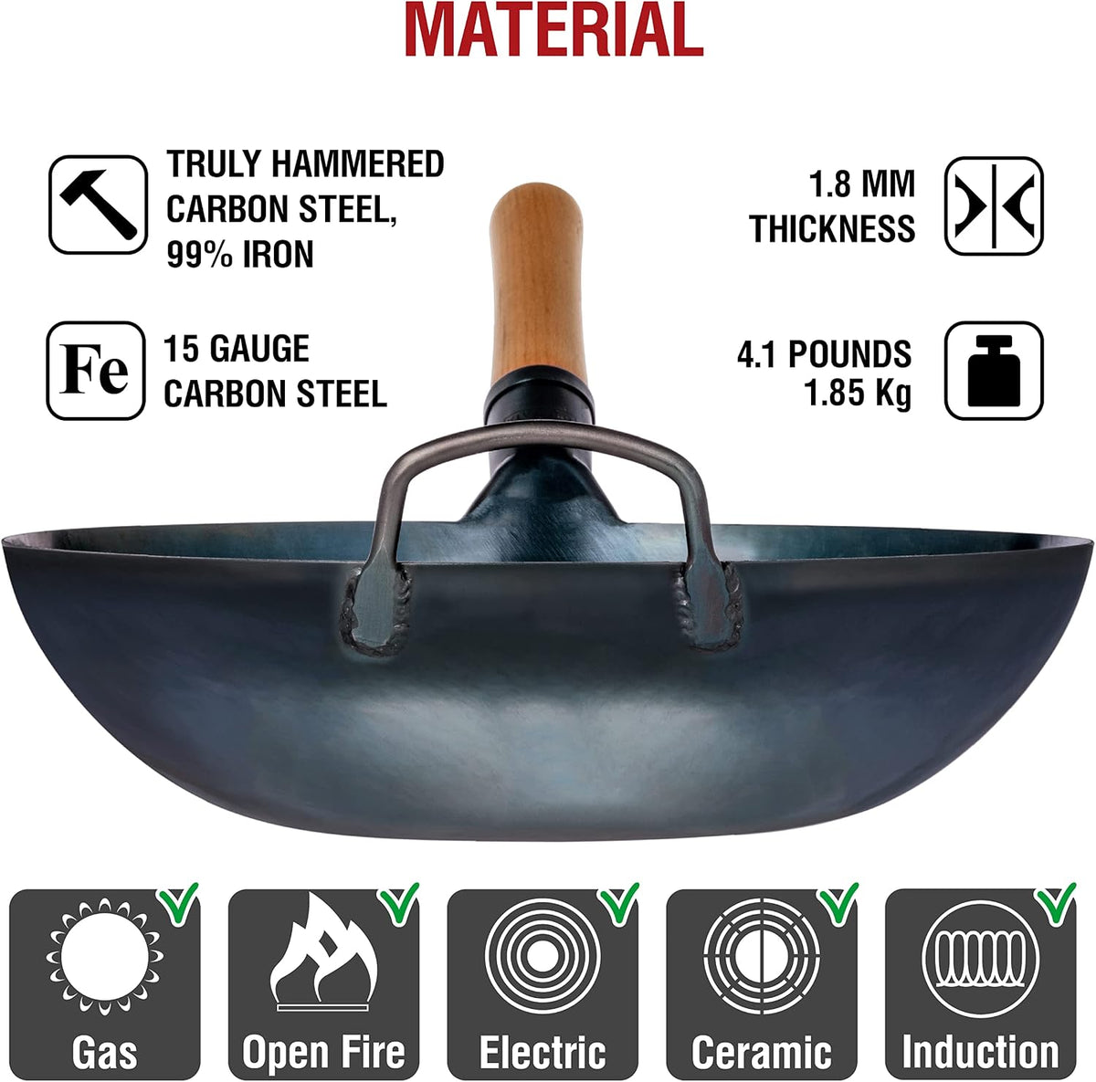 Carbon Steel Wok 34cm Pre Seasoned Flat Bottom Blue Stir Fry Pan YOSUKATA