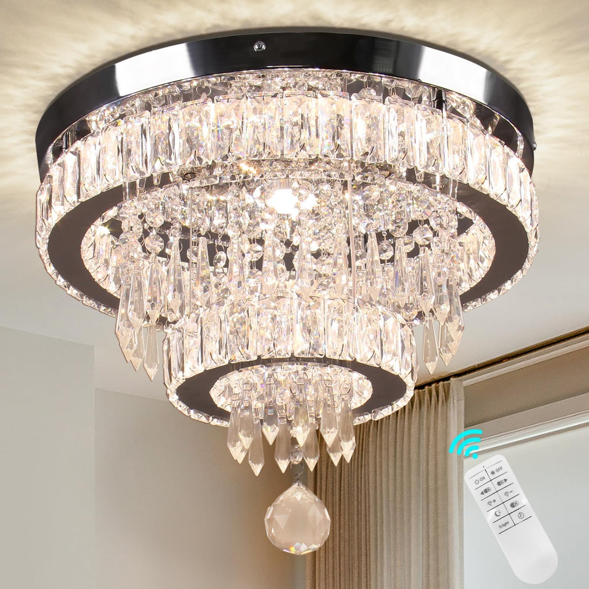 Crystal Chandelier 15.7 Inch Dimmable LED Ceiling Light Remote K9 Flush Mount