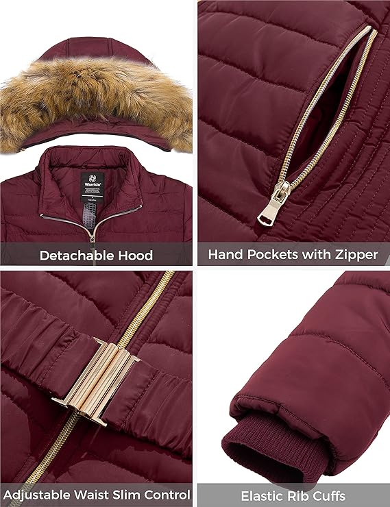 Wantdo Women's Long Warm Winter Padded Coat Windproof Jacket Faux Fur Hood, UK S