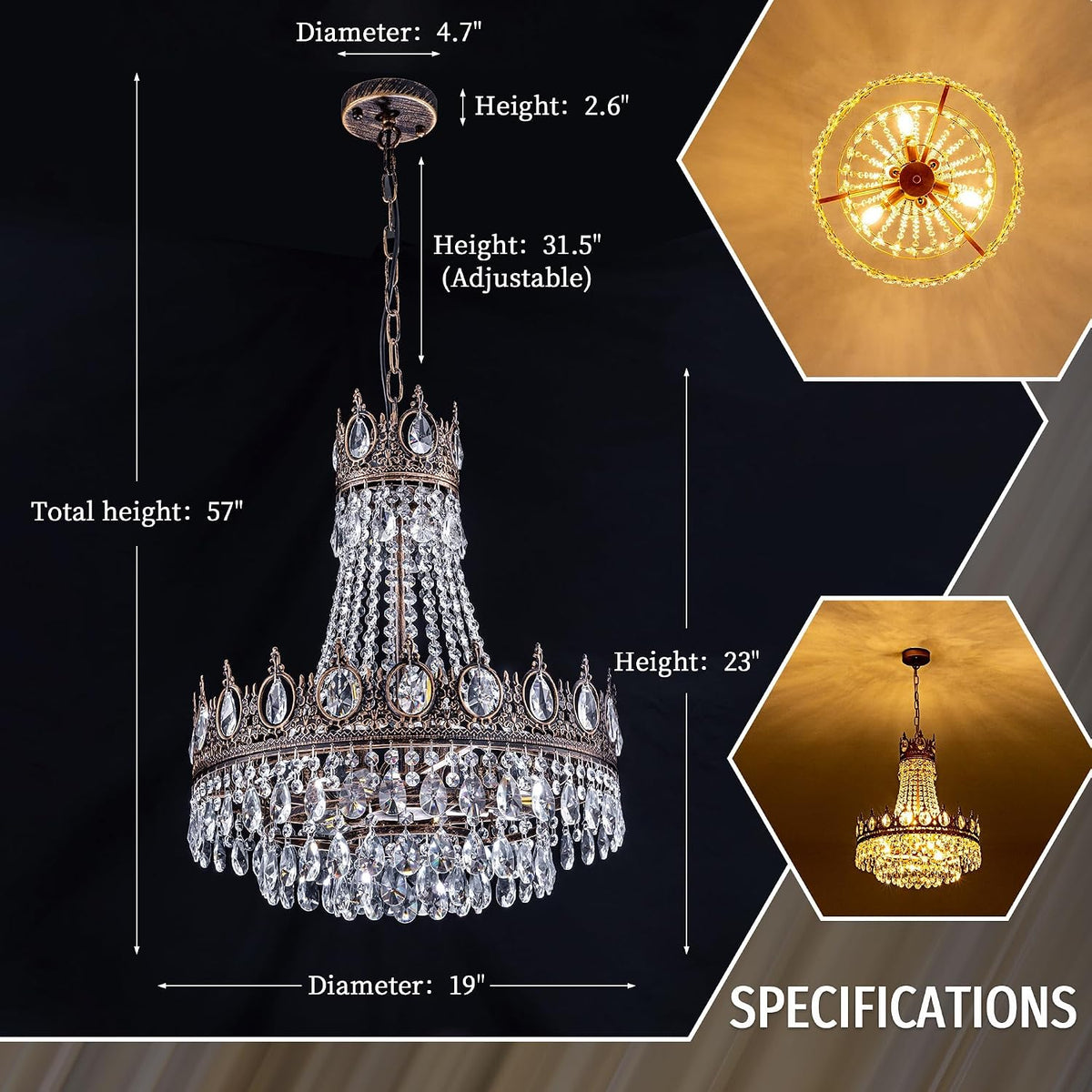 Crystal Chandelier 6 Light French Empire Antique Bronze Farmhouse Ceiling TOCHIC