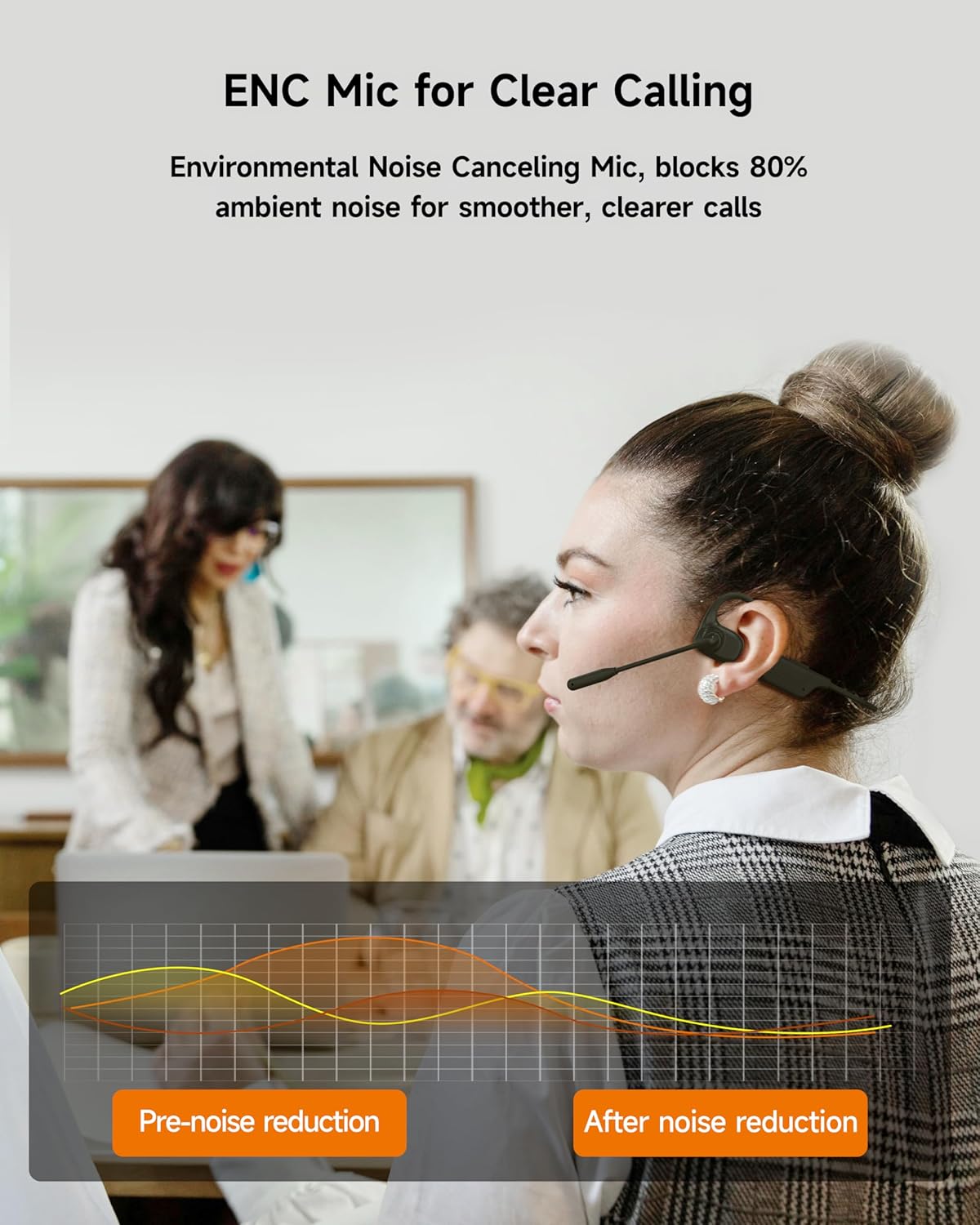 Woman wearing a headset with environmental noise canceling mic in an office setting