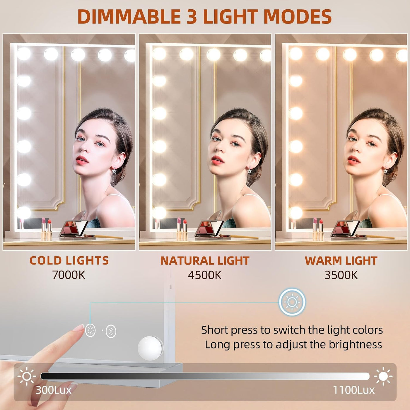 Hollywood Vanity Mirror 80x58cm 18 LED Lights Bluetooth Makeup FENCHILIN