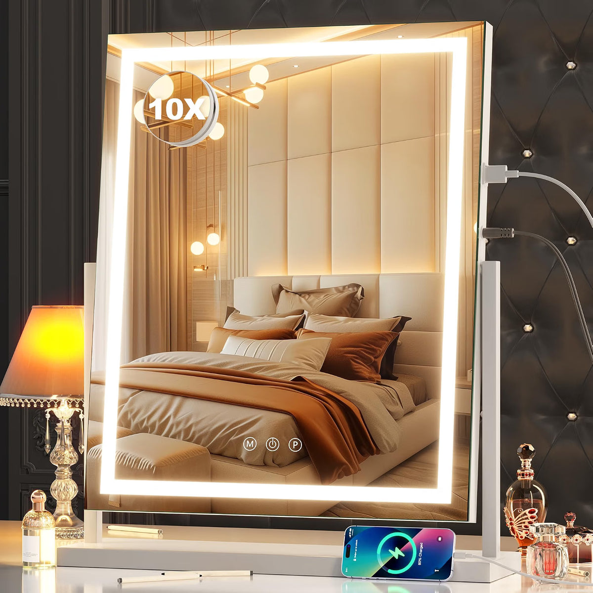 Lighted vanity mirror with 10x magnification display in a bedroom setting.
