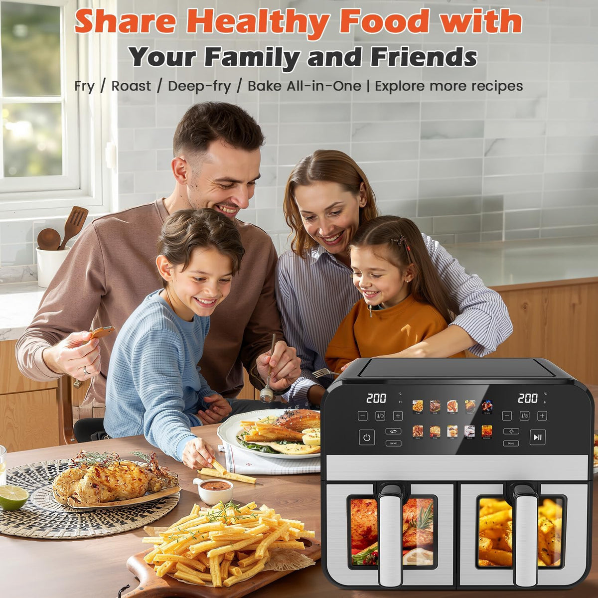 Dual Zone Air Fryer 10L 8 in 1 Double Drawer Viewing Window Family Size Cooker