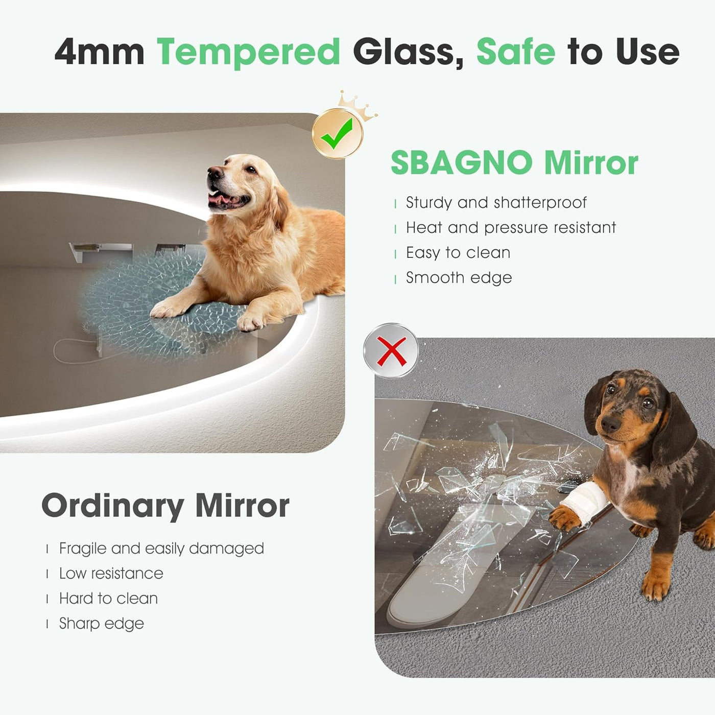 Comparison of tempered glass mirror and ordinary mirror with a dog and a dog with a broken mirror.