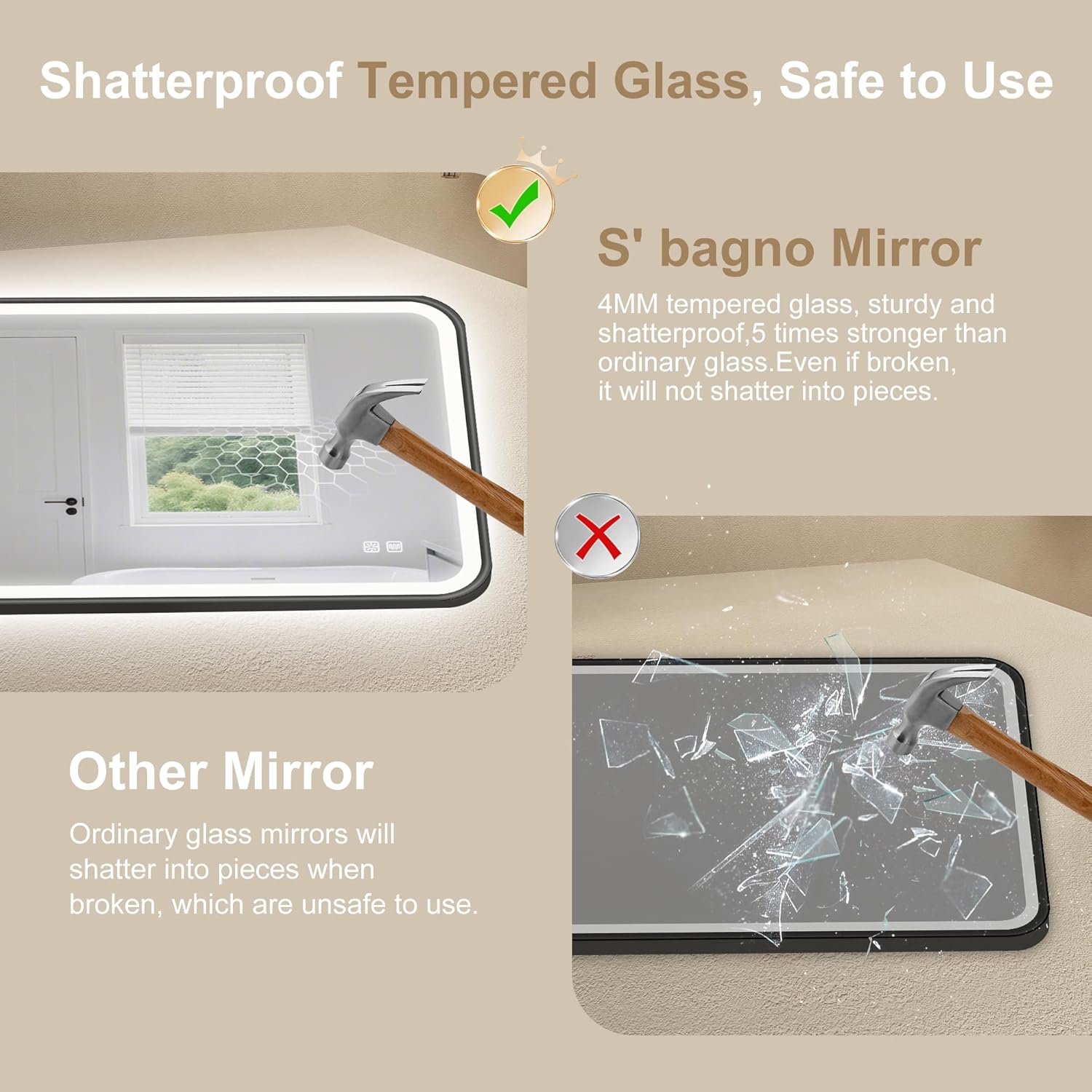 Comparison of shatterproof tempered glass mirror with ordinary glass mirror using a hammer.