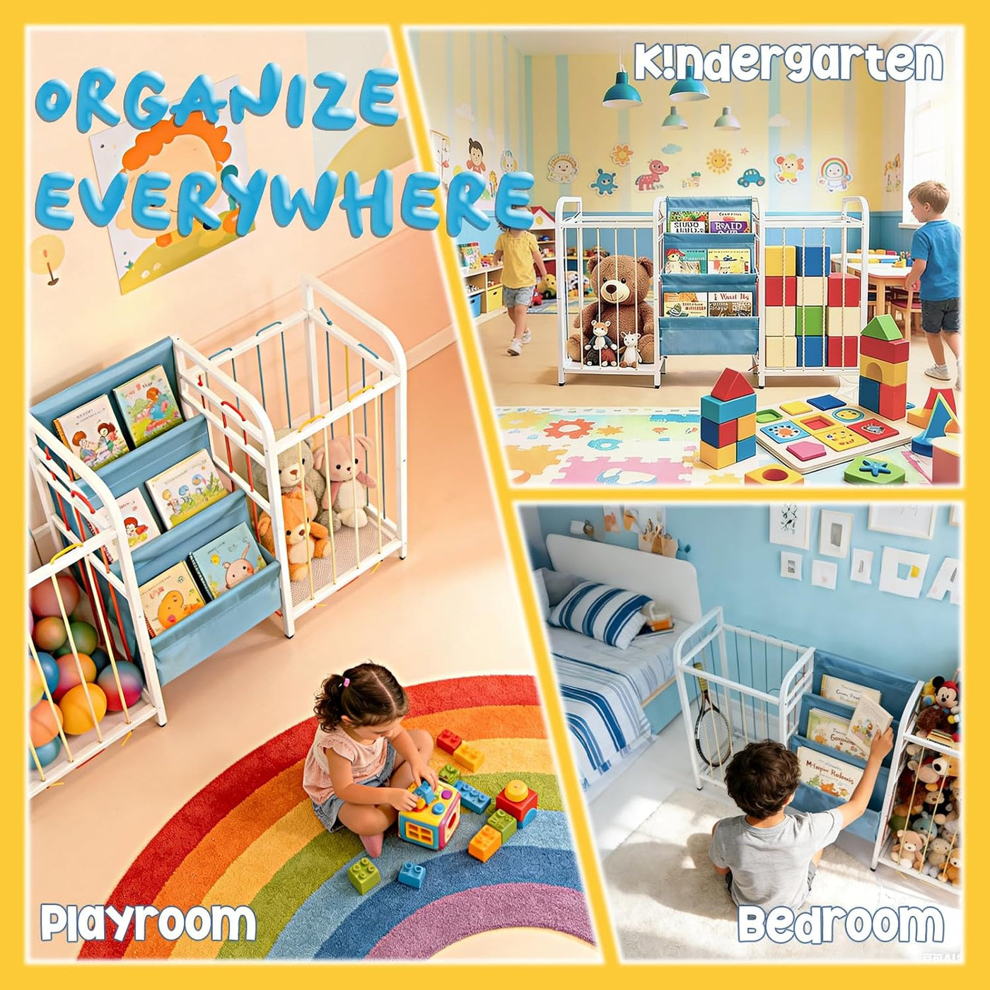 Kids Toy Storage Organiser 3 Tier Bookshelf Montessori White Blue Nursery Unit